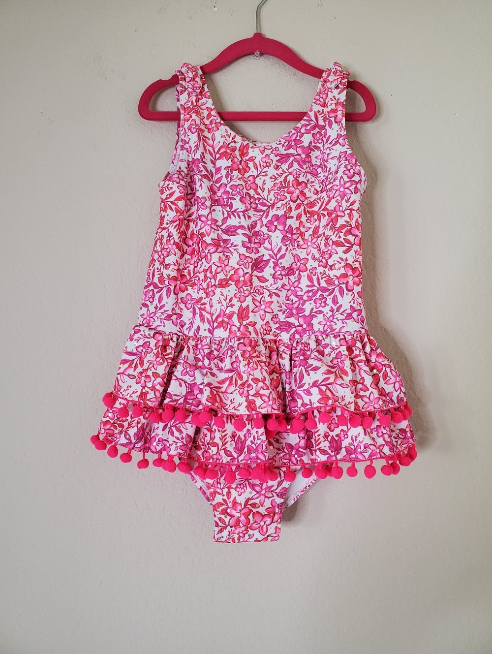 Girl Nicole Miller New York swimsuit Sz 10 One-Piece Floral Pink Ruffle Pompom